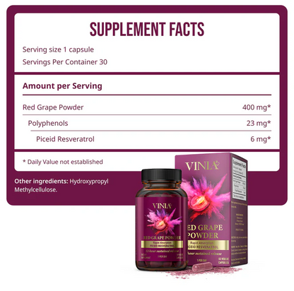 VINIA Piceid Resveratrol Supplement Capsules. Increases Blood Flow and Nitric Oxide. Blood  30 CountPressure and Heart Health Support | Antioxidant from Red Grapes | Non-GMO, 30 Count